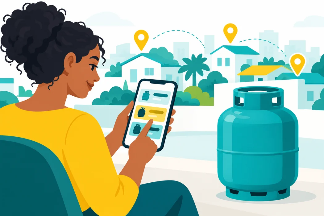 Pessoa compara revendas no celular, com um botijão P13 e pinos de localização ao fundo.