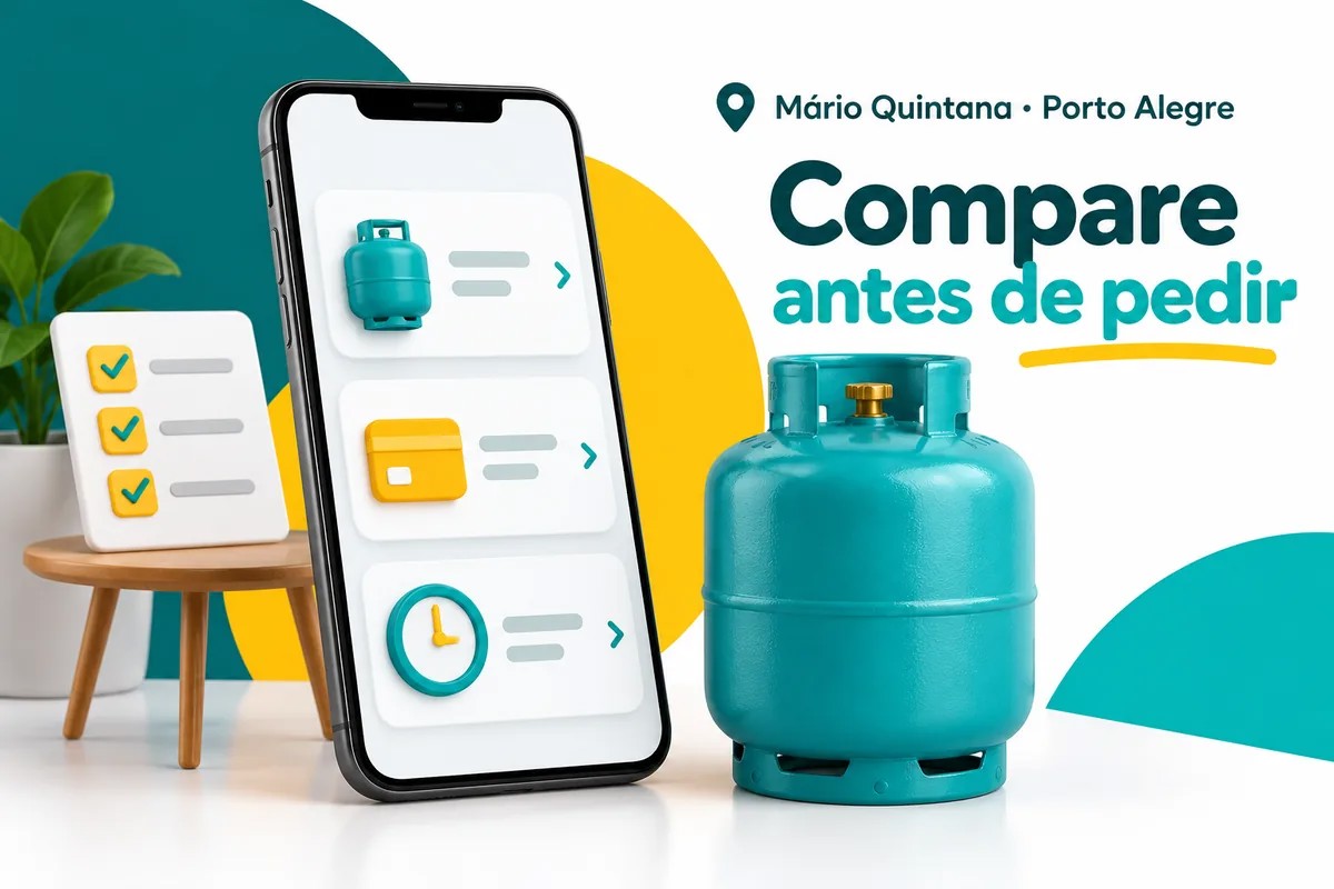 Comparação de ofertas no celular para organizar a entrega de gás no Mário Quintana, Porto Alegre.