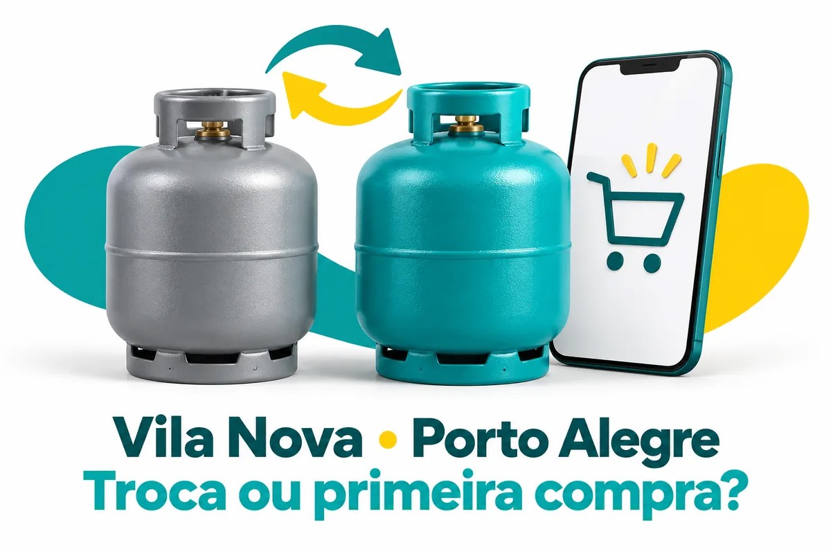 Botijões e celular ilustram a diferença entre troca e primeira compra de gás na Vila Nova, Porto Alegre.