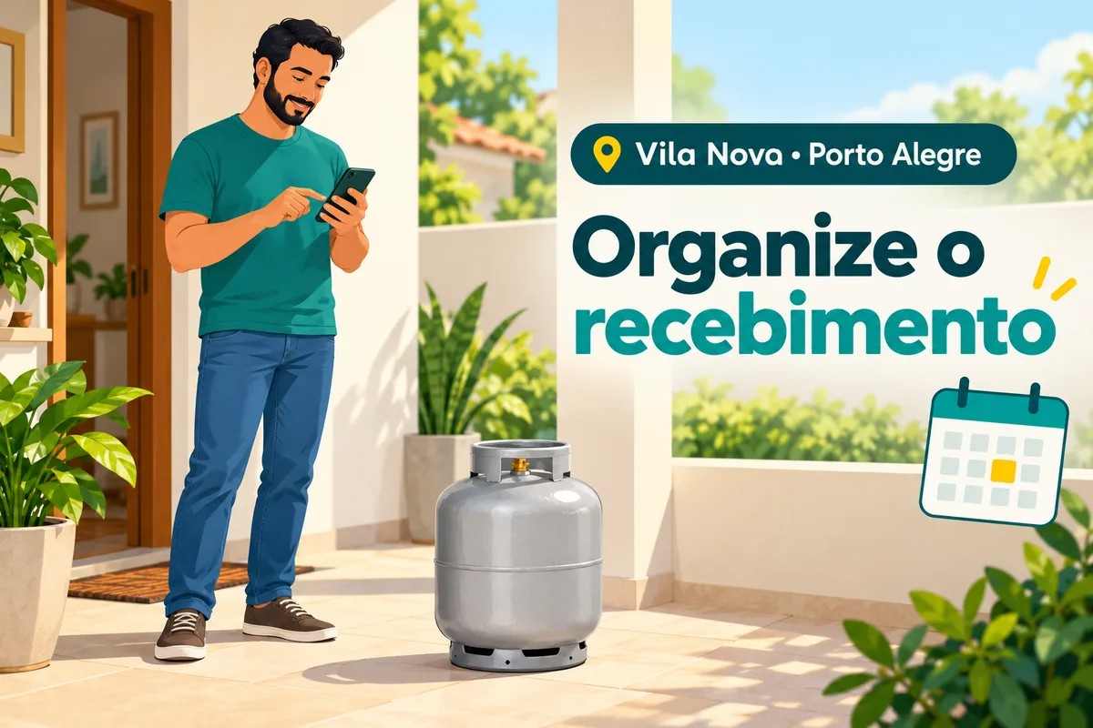 Pessoa organiza no celular o recebimento de gás na Vila Nova, Porto Alegre.